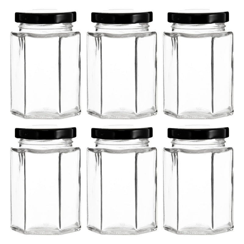 REGENT GLASS HEXAGONAL JAR WITH BLACK LID 6 PACK, 730ML