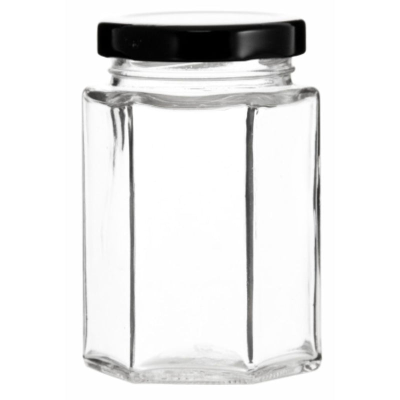 REGENT GLASS HEXAGONAL JAR WITH BLACK LID 6 PACK, 730ML
