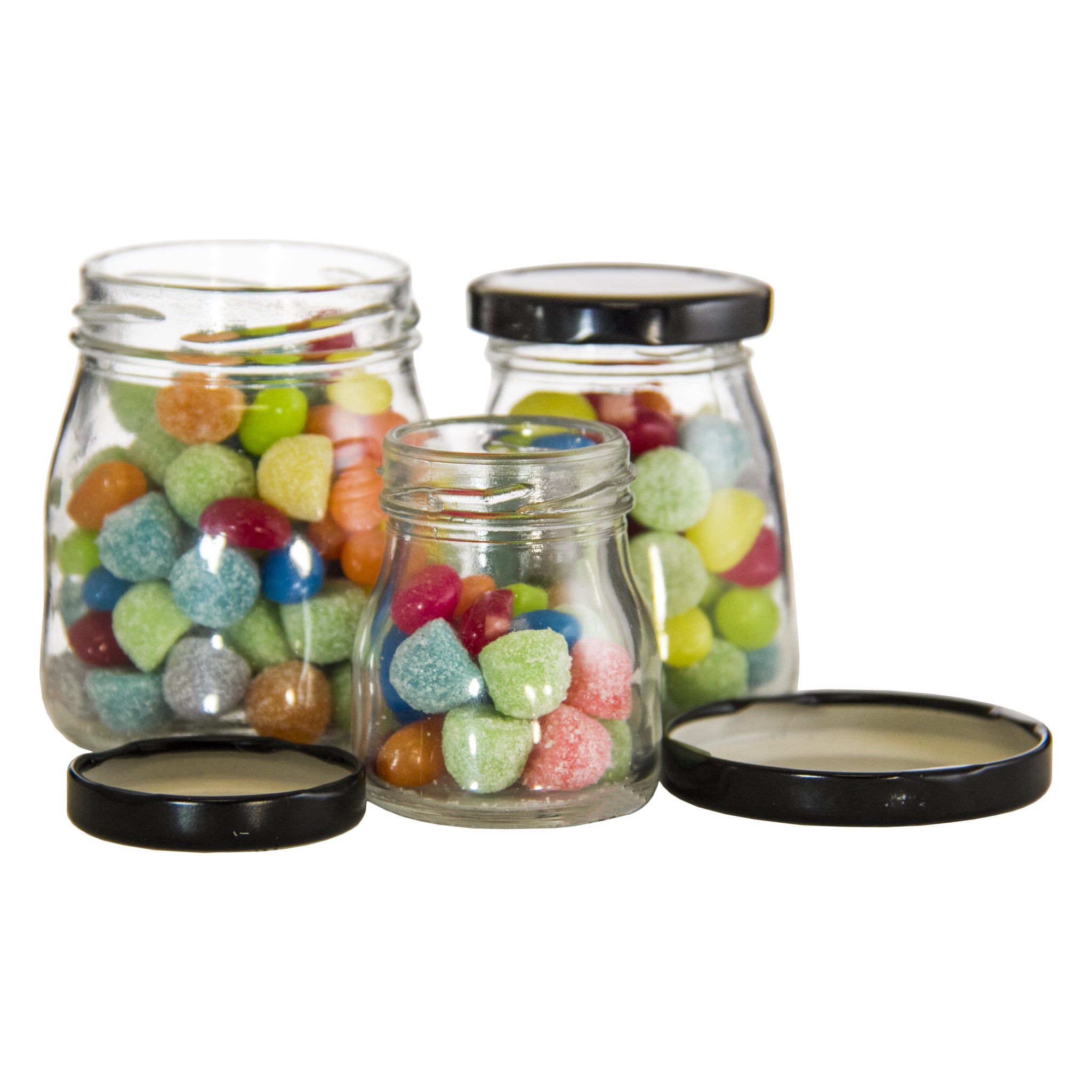 REGENT GLASS ROUND JARS WITH BLACK LIDS,12PK, 210ML