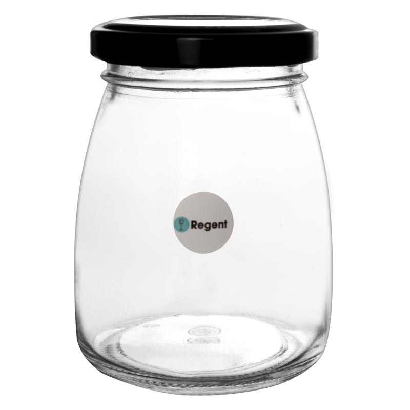 REGENT GLASS ROUND JAR WITH BLACK LID,12 PACK, 210ML