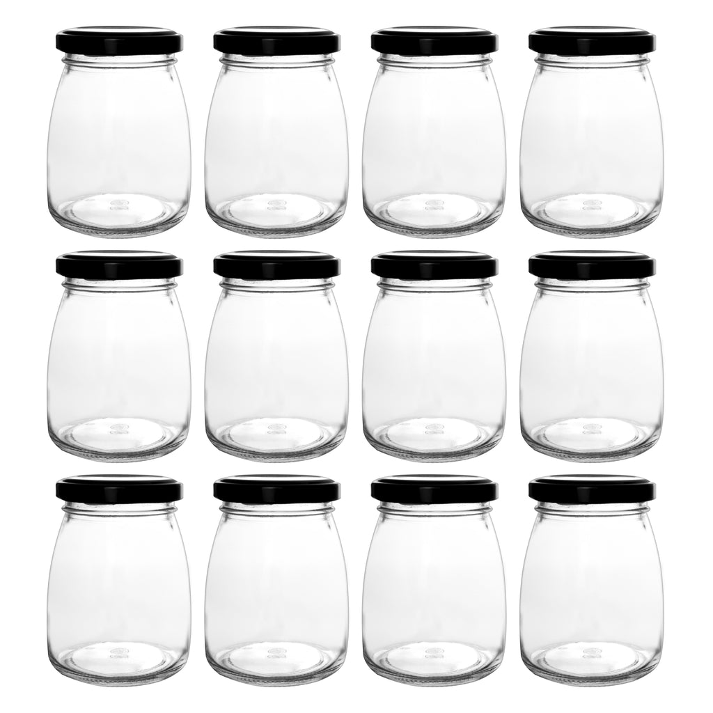 REGENT GLASS ROUND JARS WITH BLACK LIDS,12PK, 210ML