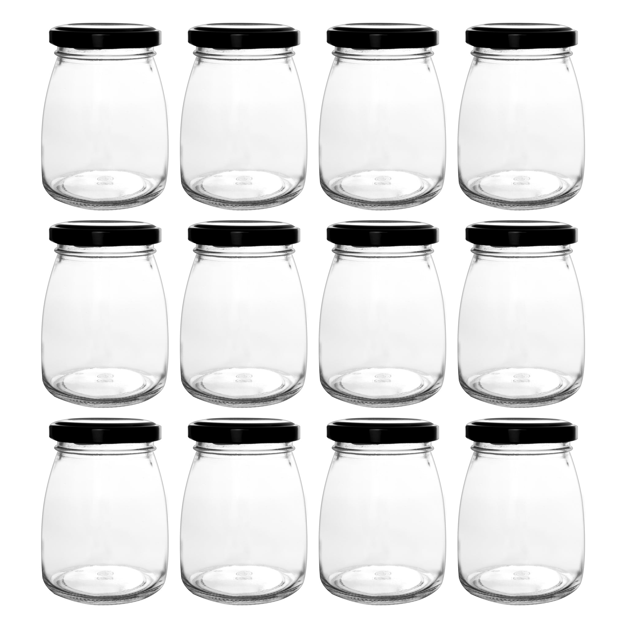 REGENT GLASS ROUND JARS WITH BLACK LIDS,12PK, 210ML