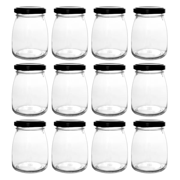 REGENT GLASS ROUND JAR WITH BLACK LID,12 PACK, 210ML