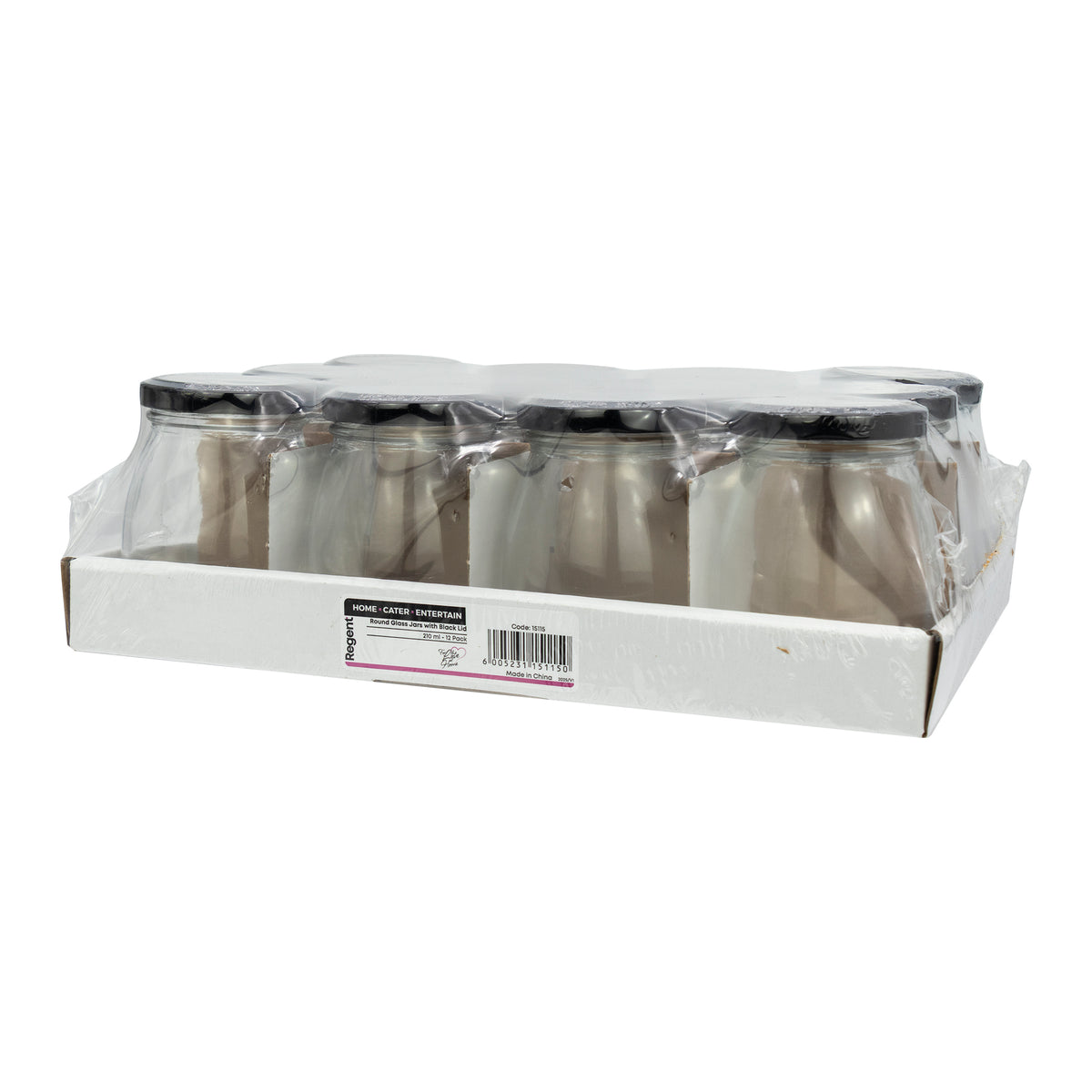 REGENT GLASS ROUND JARS WITH BLACK LIDS,12PK, 210ML