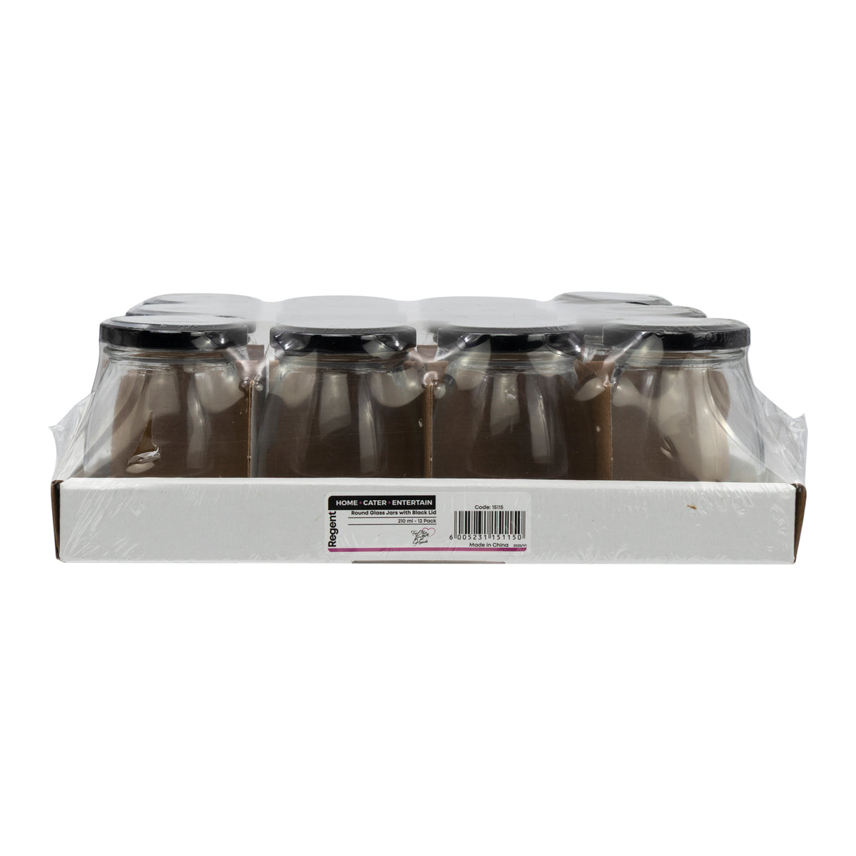 REGENT GLASS ROUND JARS WITH BLACK LIDS,12PK, 210ML