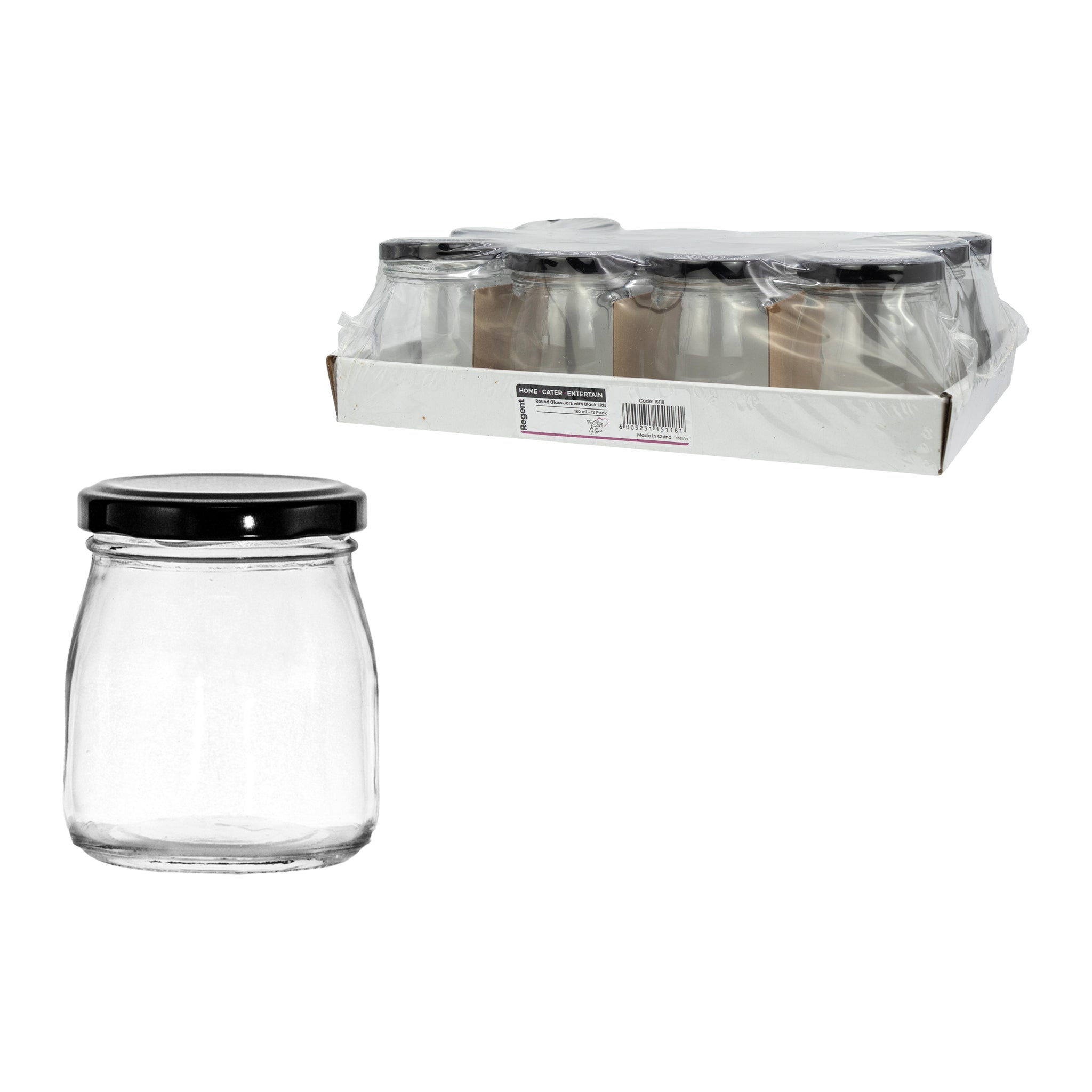 REGENT GLASS ROUND JARS WITH BLACK LIDS 12PK, 180ML
