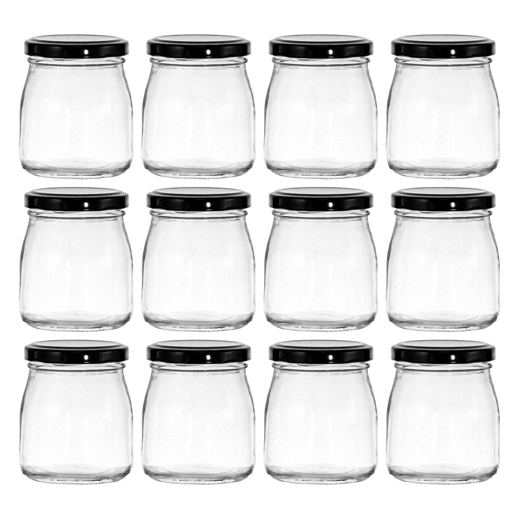 REGENT GLASS ROUND JARS WITH BLACK LIDS 12PK, 180ML