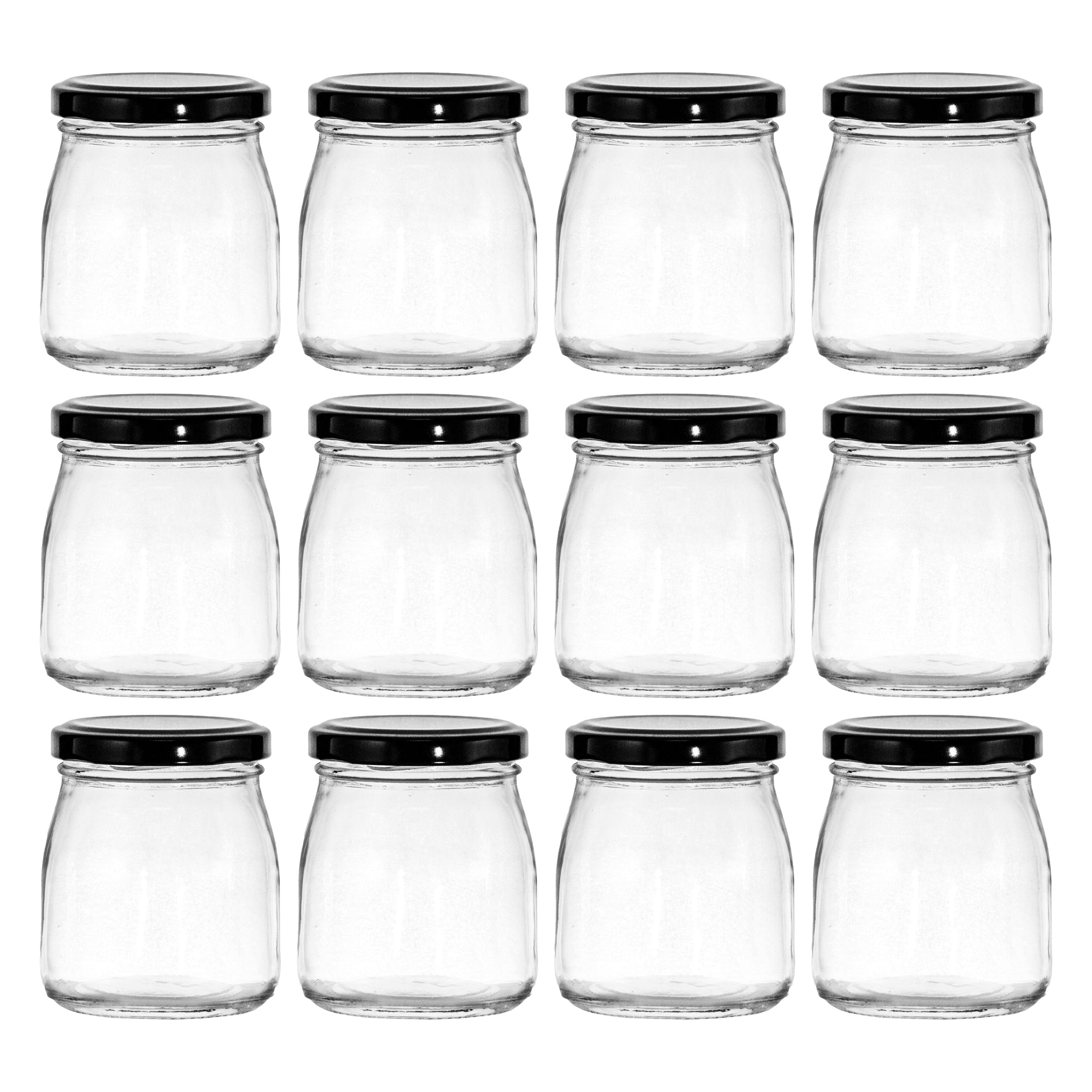 REGENT GLASS ROUND JARS WITH BLACK LIDS 12PK, 180ML