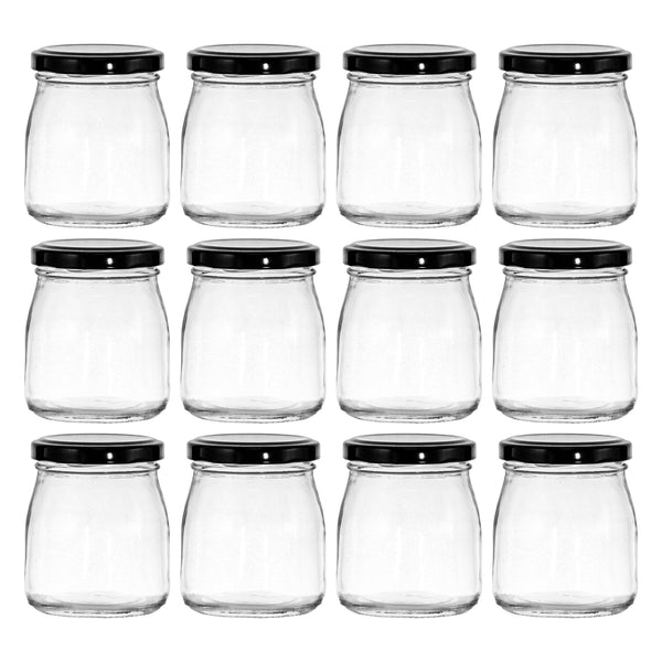 REGENT GLASS ROUND JAR WITH BLACK LID 12 PACK, 180ML
