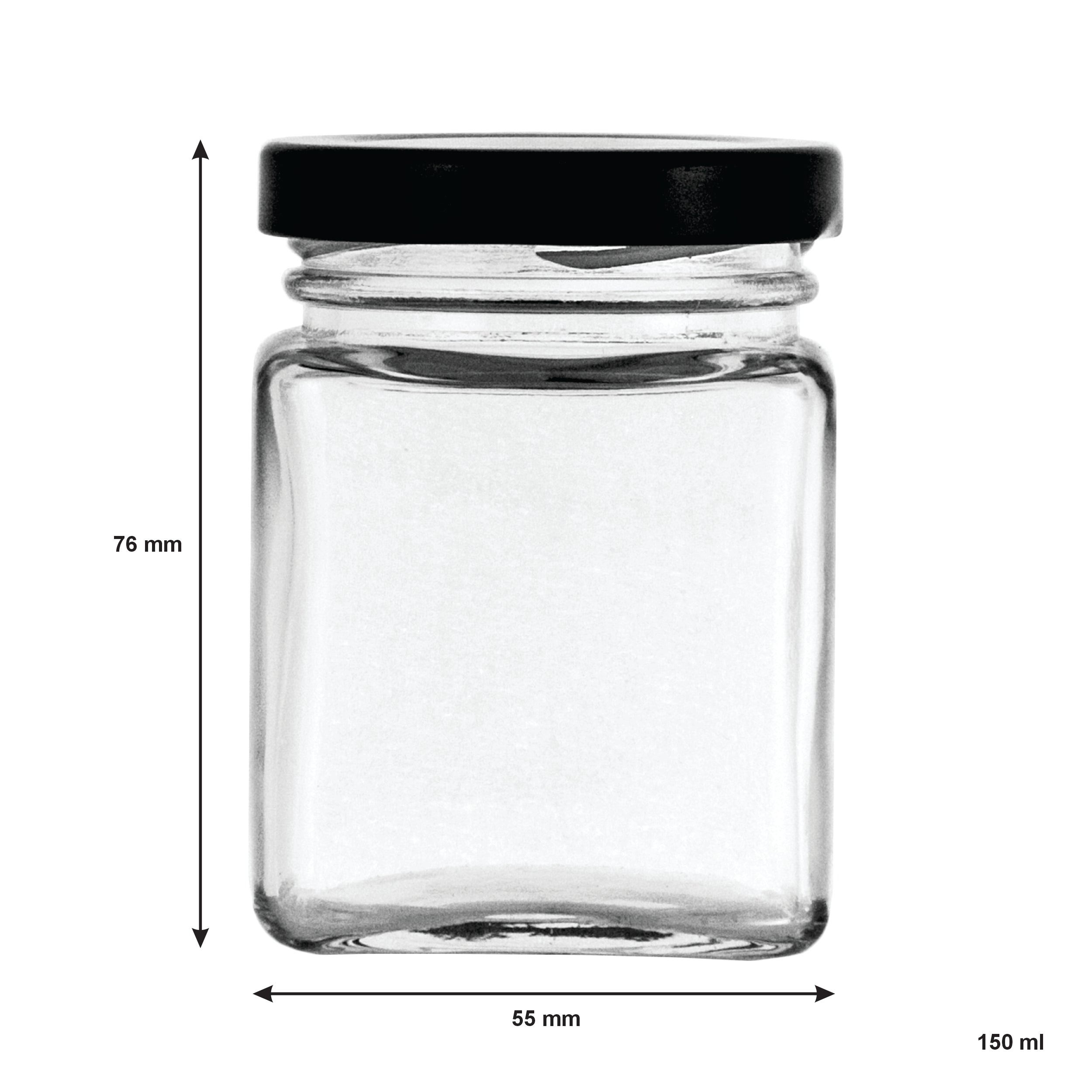 REGENT GLASS SQUARE JARS WITH BLACK LIDS 12PK, 150ML