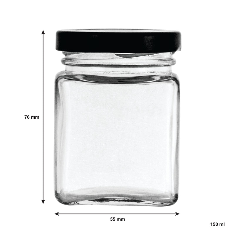 REGENT GLASS SQUARE JAR WITH BLACK LID 12 PACK, 150ML