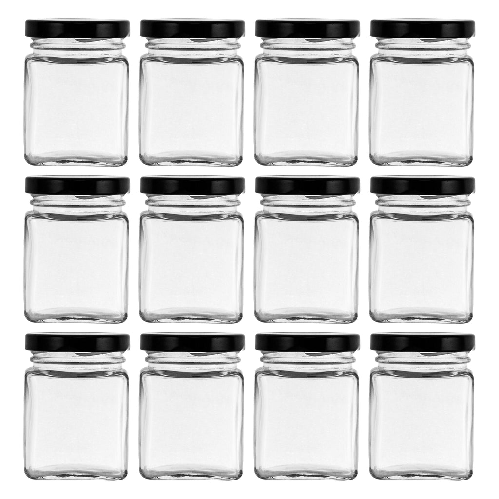 REGENT GLASS SQUARE JAR WITH BLACK LID 12 PACK, 150ML