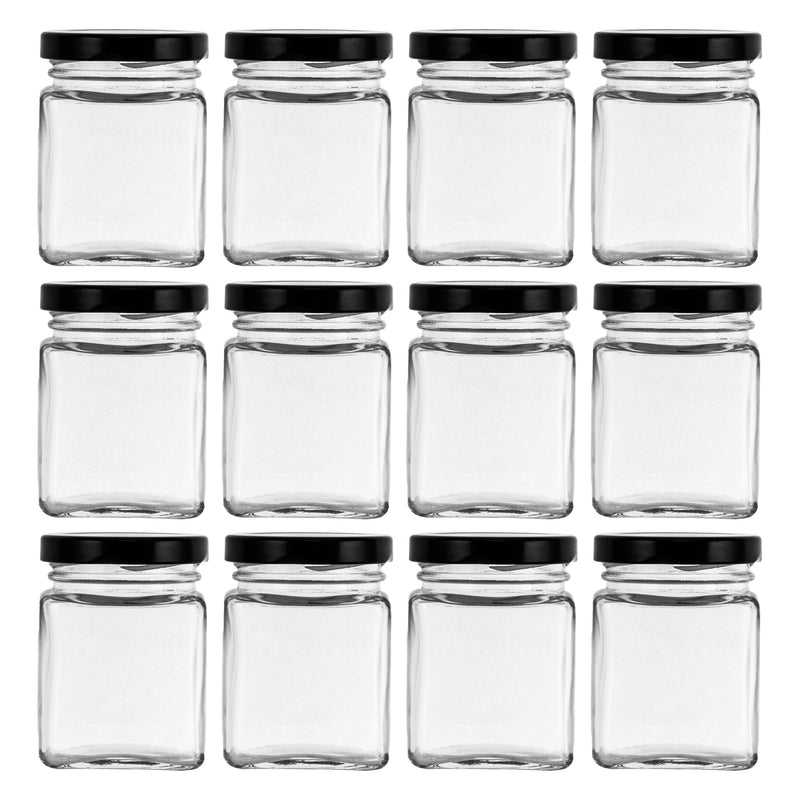 REGENT GLASS SQUARE JAR WITH BLACK LID 12 PACK, 150ML