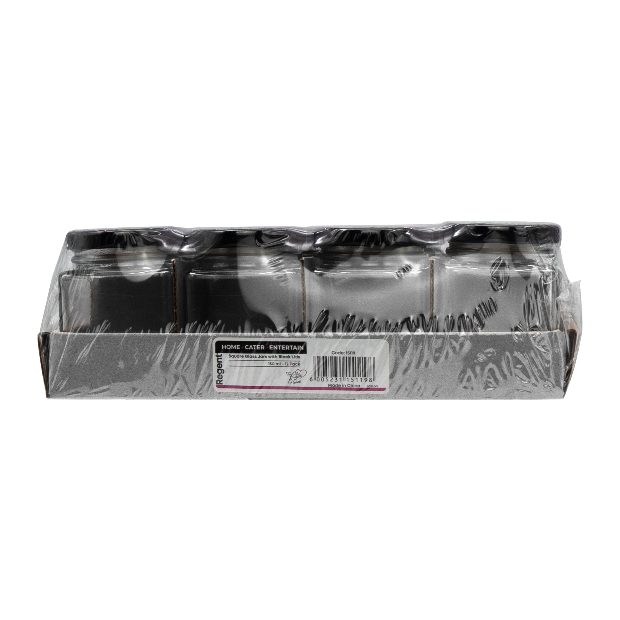 REGENT GLASS SQUARE JARS WITH BLACK LIDS 12PK, 150ML