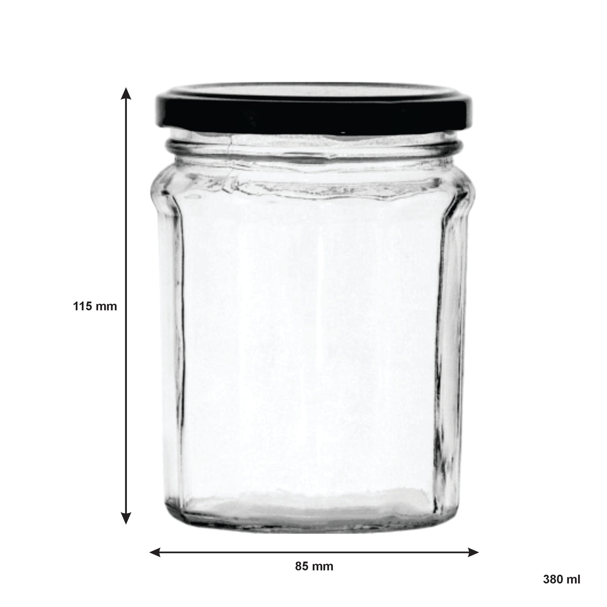 REGENT GLASS FACETED JARS WITH BLACK LIDS 6PK, 380ML