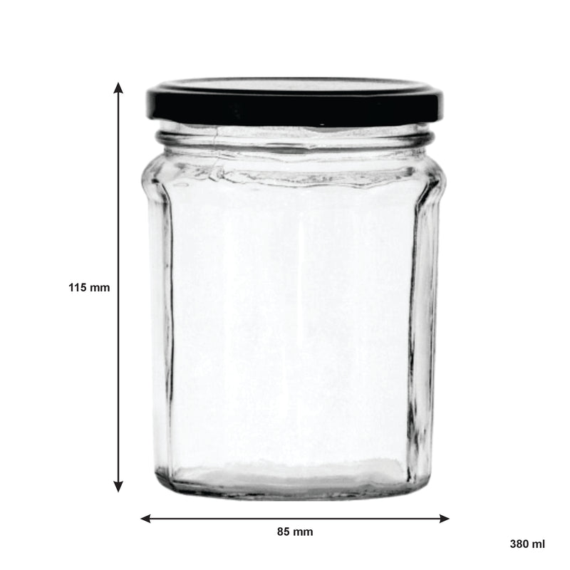 REGENT GLASS FACETED JAR WITH BLACK LID 6 PACK, 380ML
