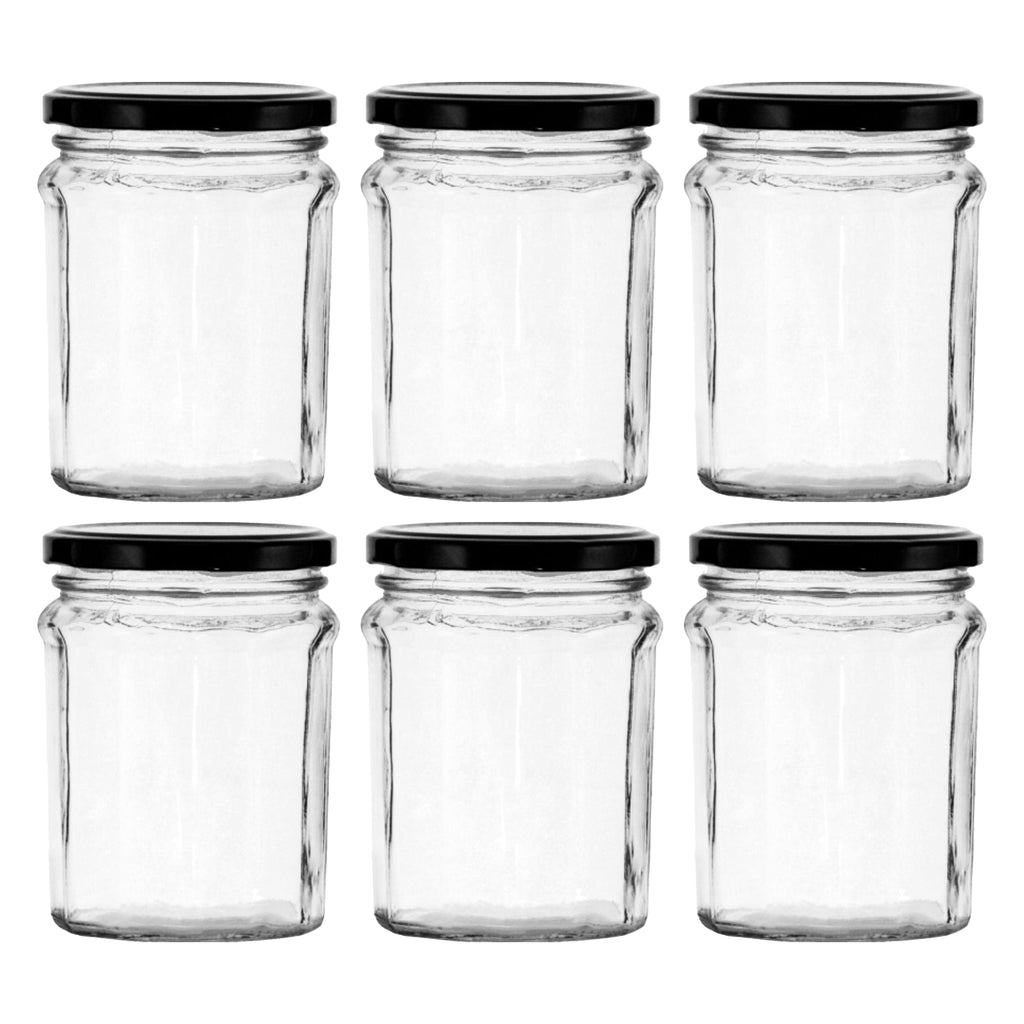 REGENT GLASS FACETED JARS WITH BLACK LIDS 6PK, 380ML