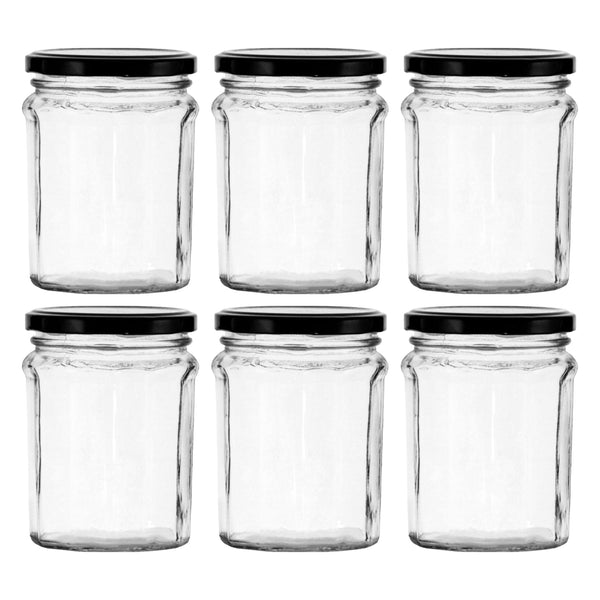 REGENT GLASS FACETED JAR WITH BLACK LID 6 PACK, 380ML