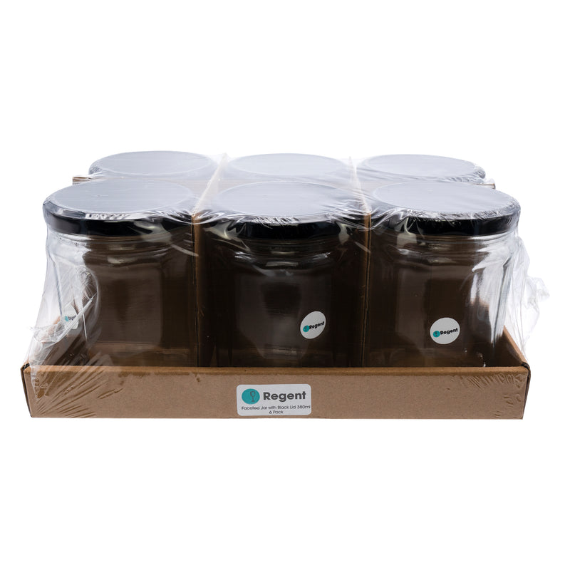 REGENT GLASS FACETED JAR WITH BLACK LID 6 PACK, 380ML