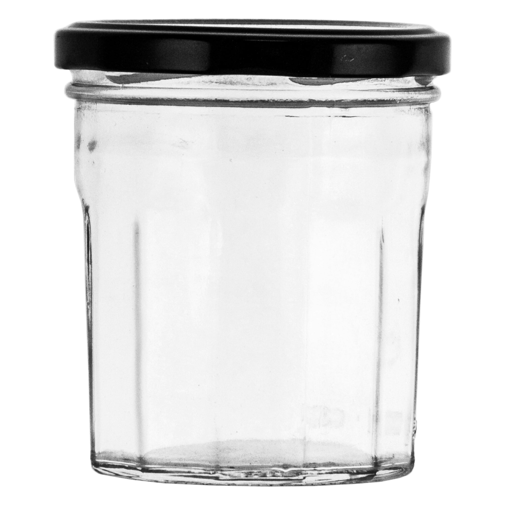 REGENT GLASS FACETED JARS WITH BLACK LIDS 6PK, 300ML