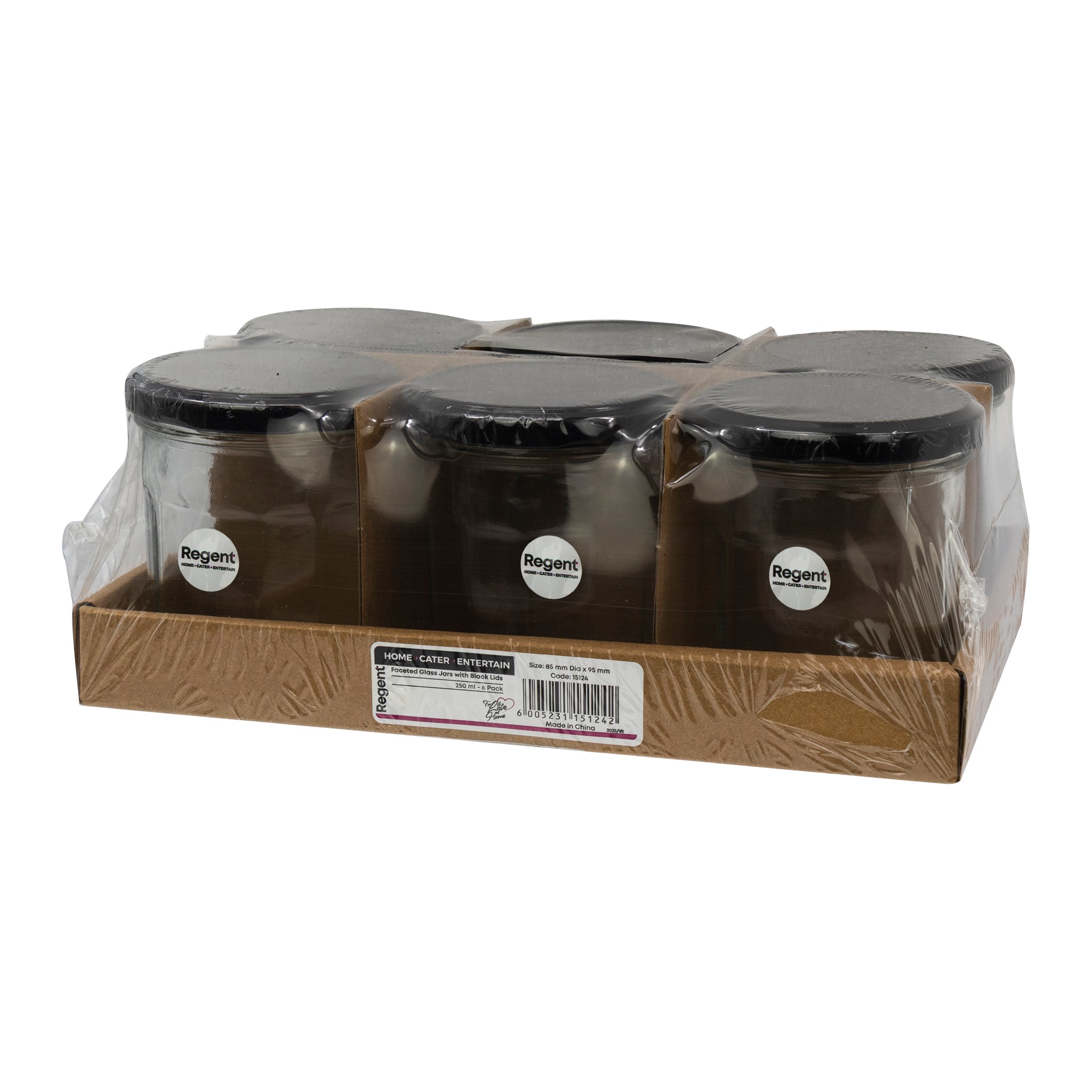 REGENT GLASS FACETED JARS WITH BLACK LIDS 6PK, 300ML