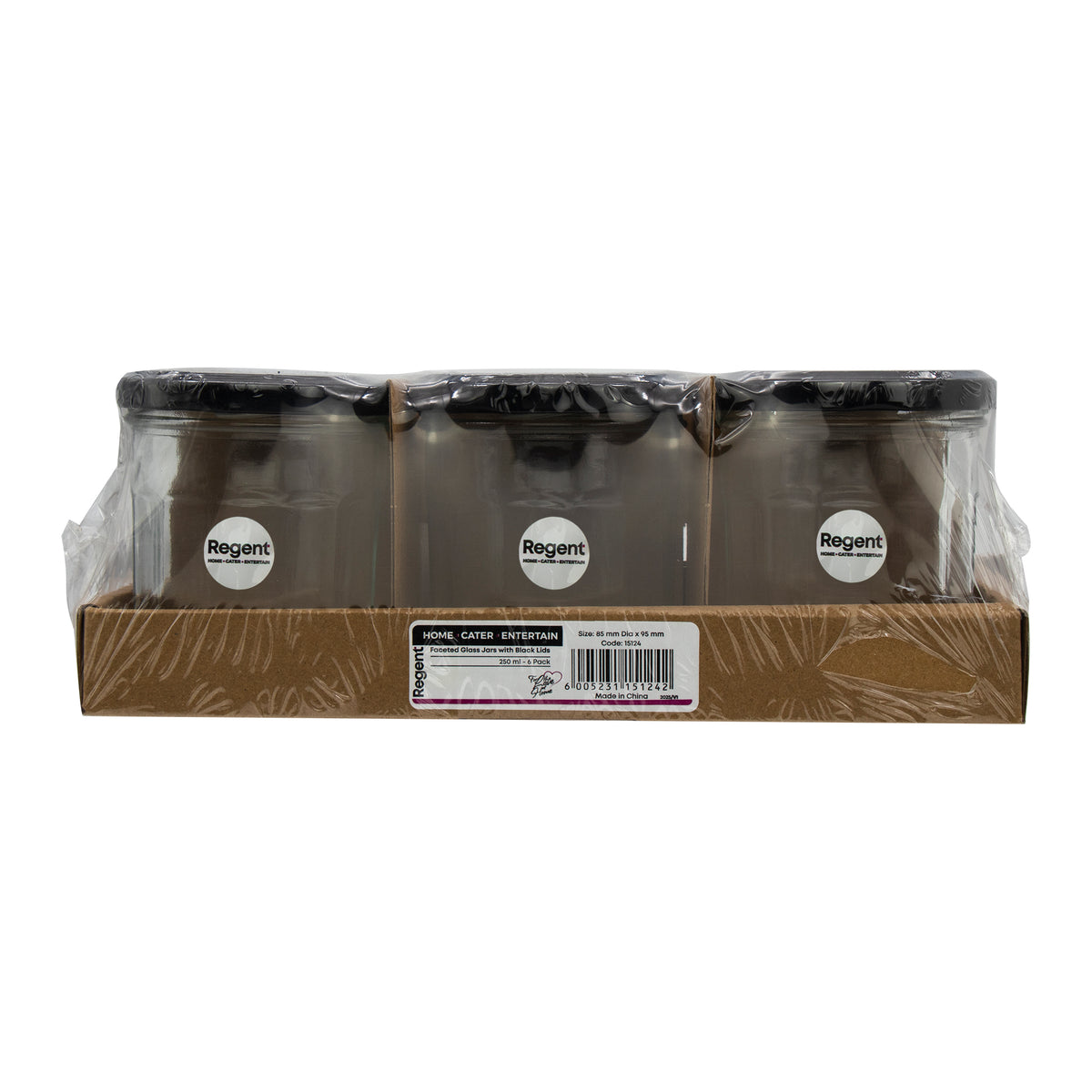 REGENT GLASS FACETED JARS WITH BLACK LIDS 6PK, 300ML