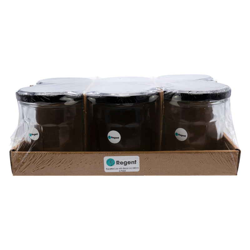 REGENT GLASS FACETED JAR WITH BLACK LID 6 PACK, 250ML