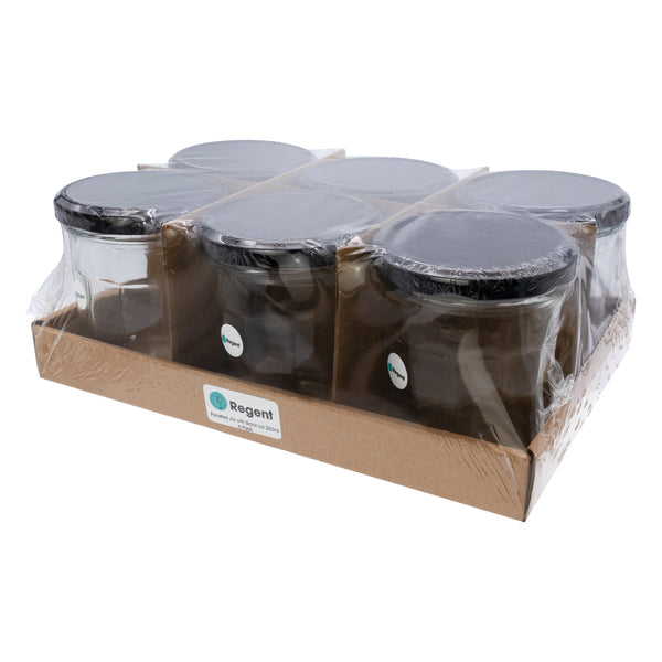 REGENT GLASS FACETED JAR WITH BLACK LID 6 PACK, 250ML (85MM DIAX95MM)