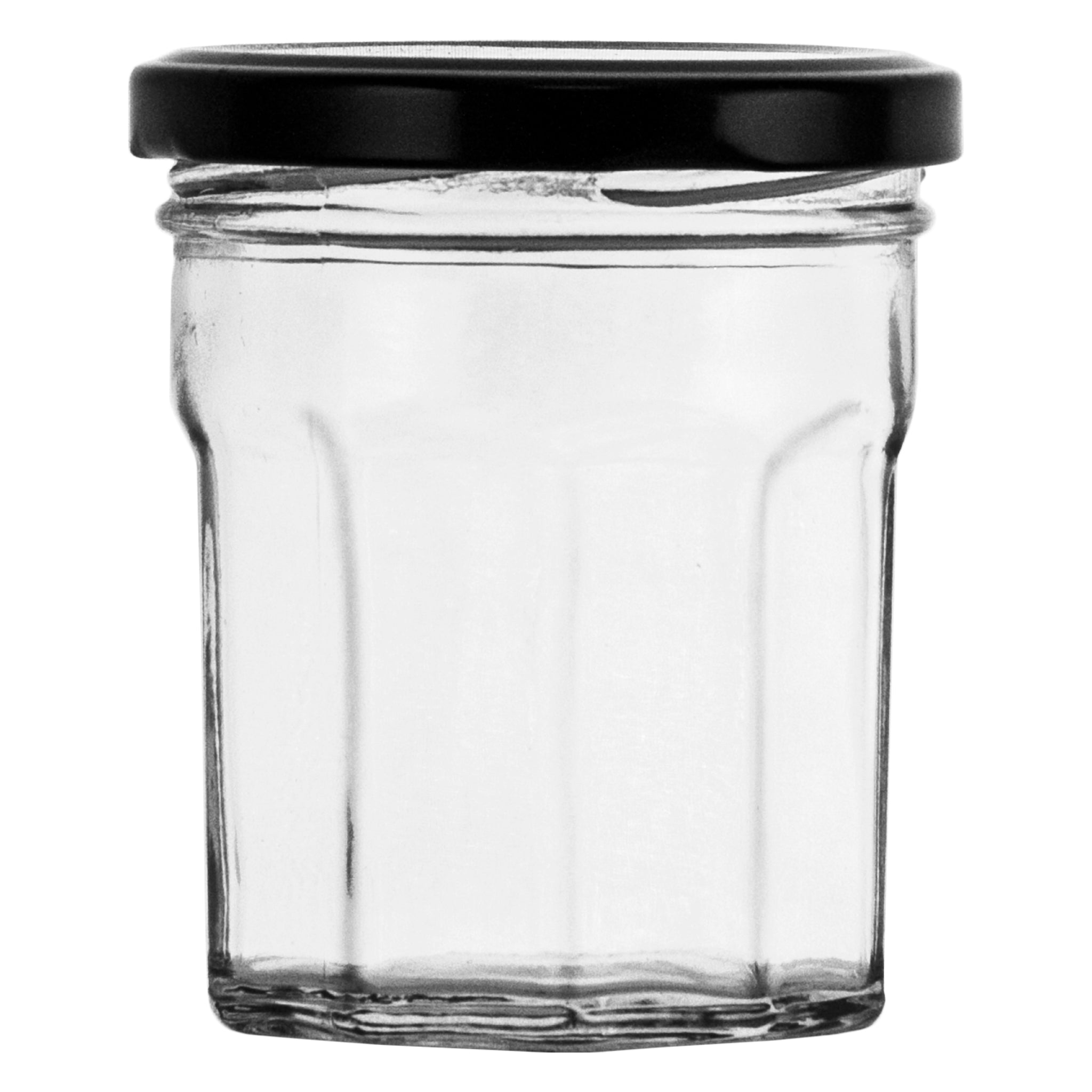 REGENT GLASS FACETED JARS WITH BLACK LIDS 6PK, 200ML