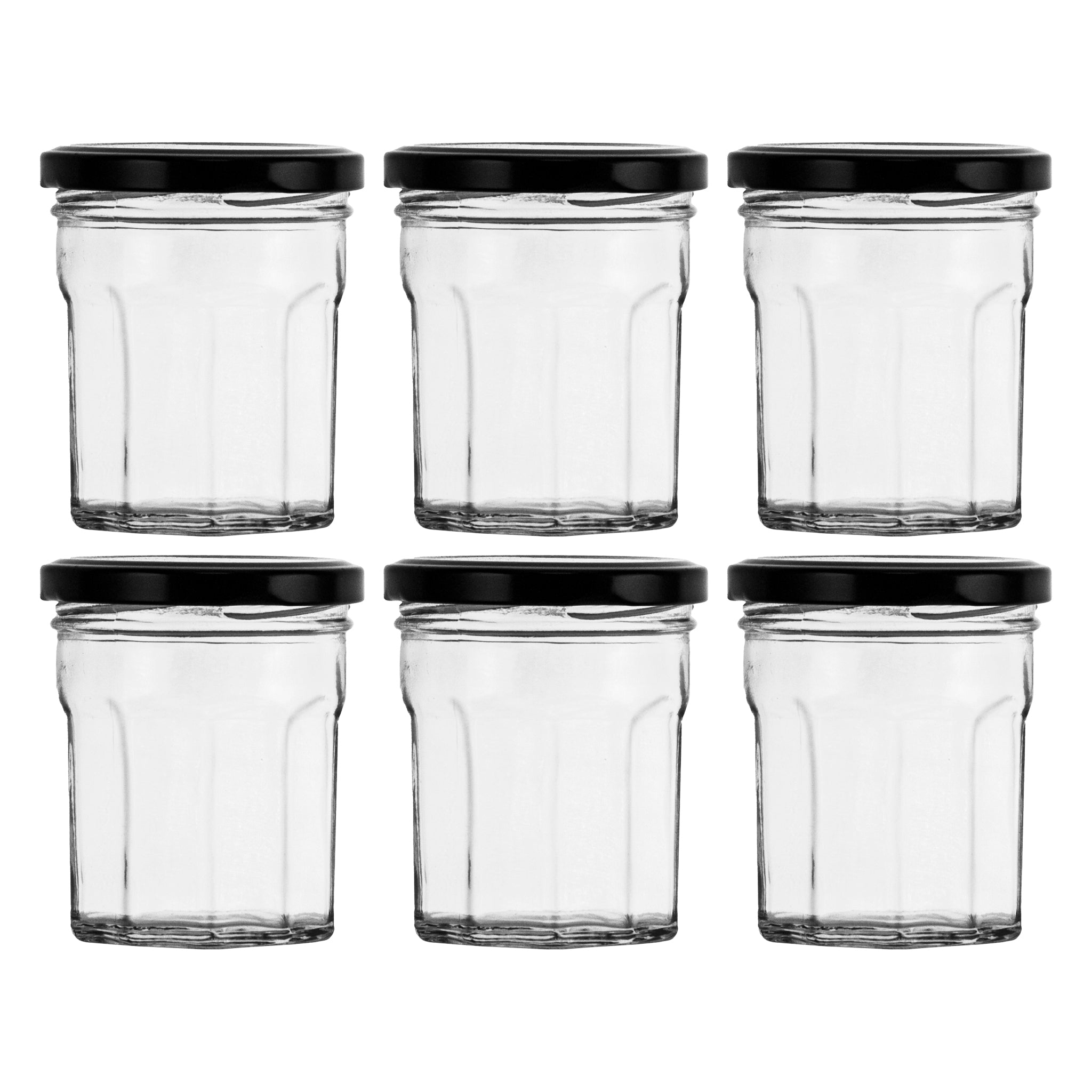 REGENT GLASS FACETED JARS WITH BLACK LIDS 6PK, 200ML