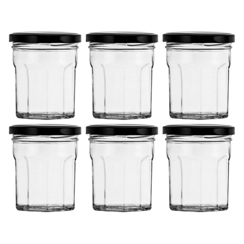 REGENT GLASS FACETED JAR WITH BLACK LID 6 PACK, 200ML