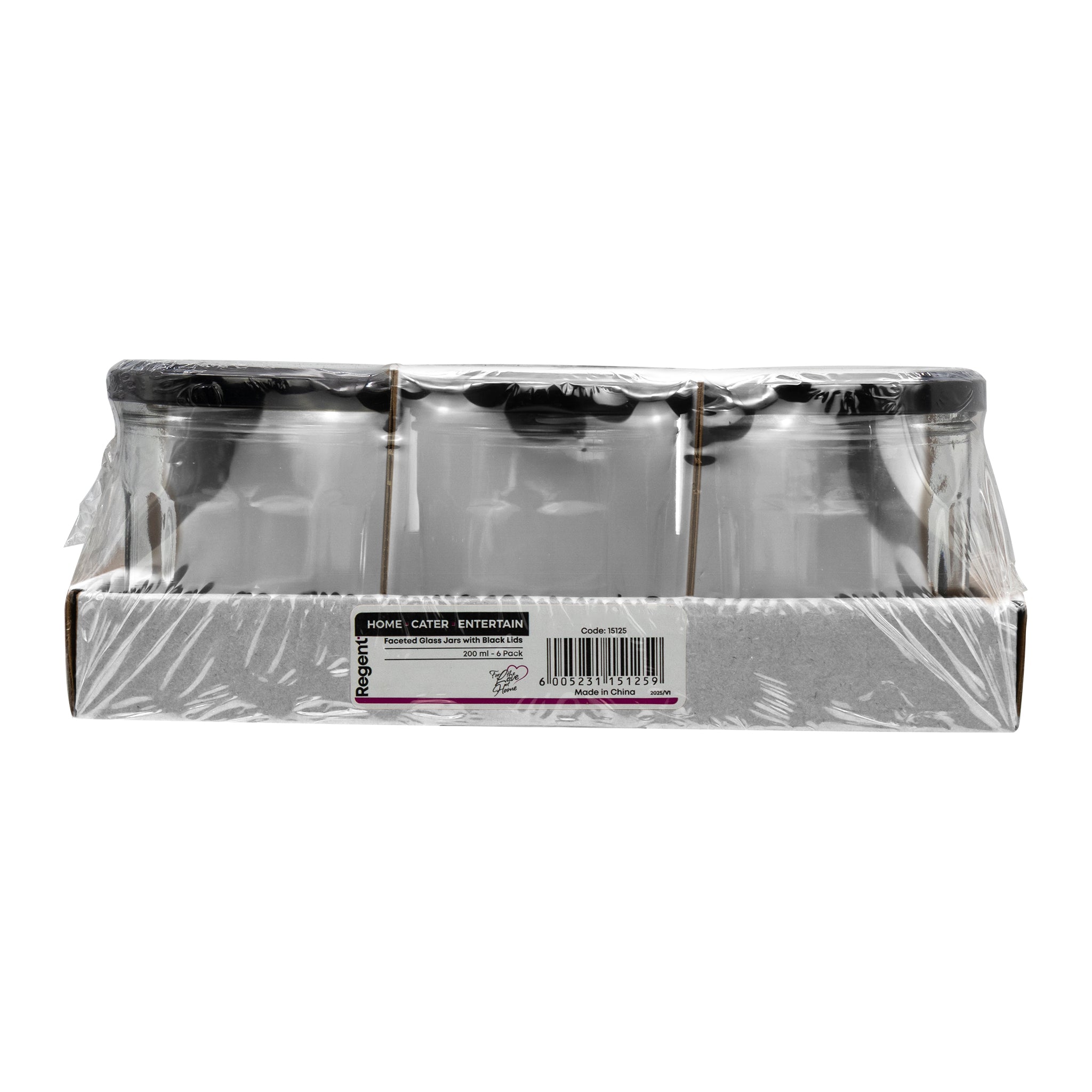 REGENT GLASS FACETED JARS WITH BLACK LIDS 6PK, 200ML