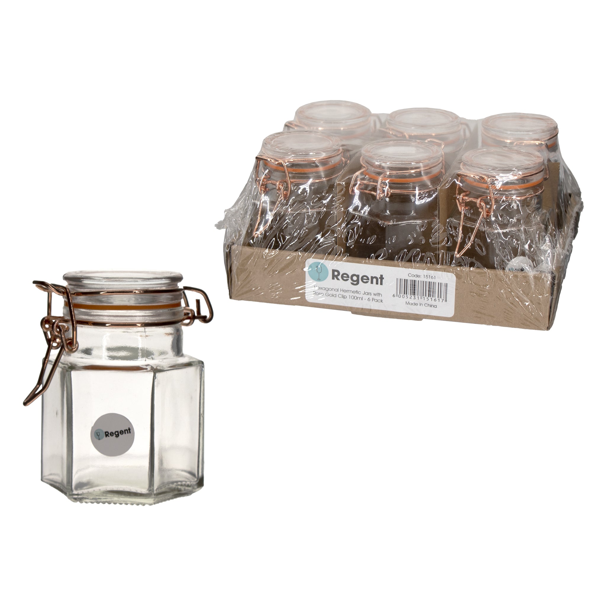 REGENT HERMETIC GLASS HEXAGONAL JARS WITH ROSE GOLD CLIPS 6PK, 100ML