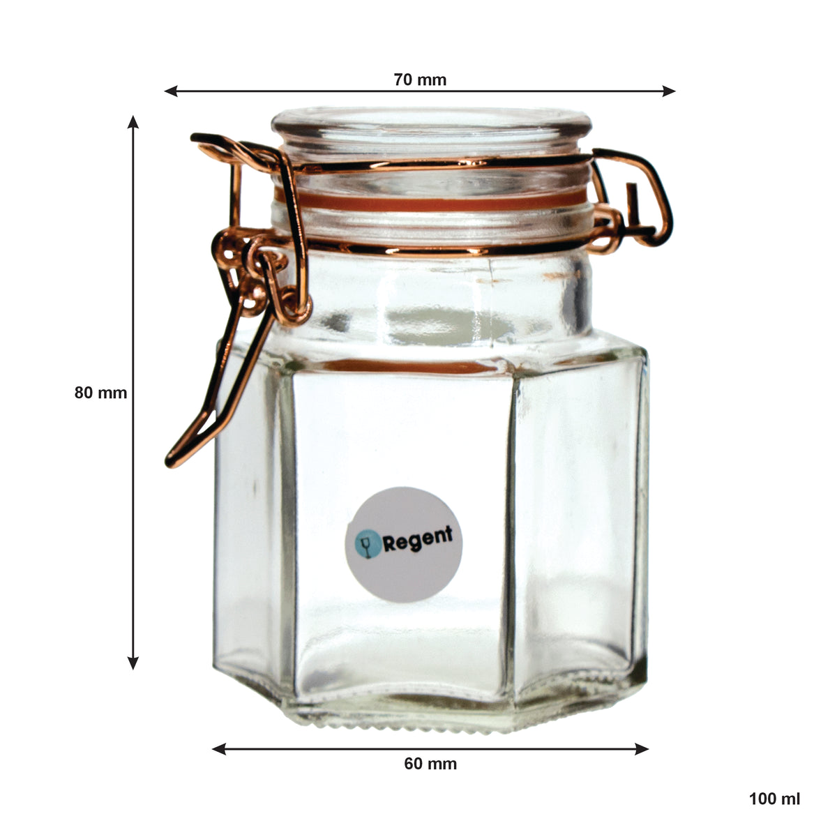 REGENT HERMETIC GLASS HEXAGONAL JARS WITH ROSE GOLD CLIPS 6PK, 100ML