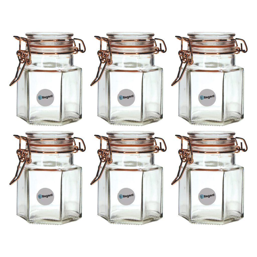 REGENT HERMETIC GLASS HEXAGONAL JARS WITH ROSE GOLD CLIPS 6PK, 100ML