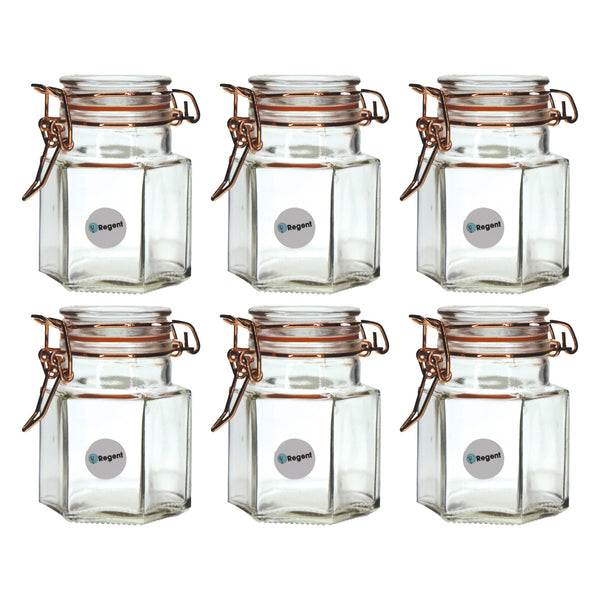 REGENT GLASS HEXAGONAL HERMETIC JARS WITH ROSE GOLD CLIP 6 PACK, 100ML
