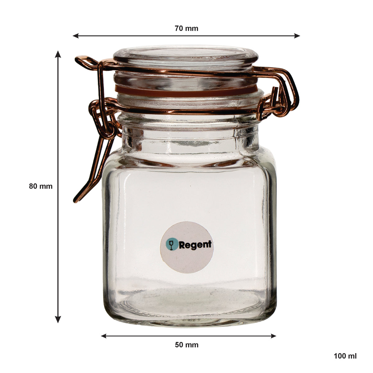 REGENT SQUARE HERMETIC GLASS JARS WITH ROSE GOLD CLIPS 6PK, 100ML