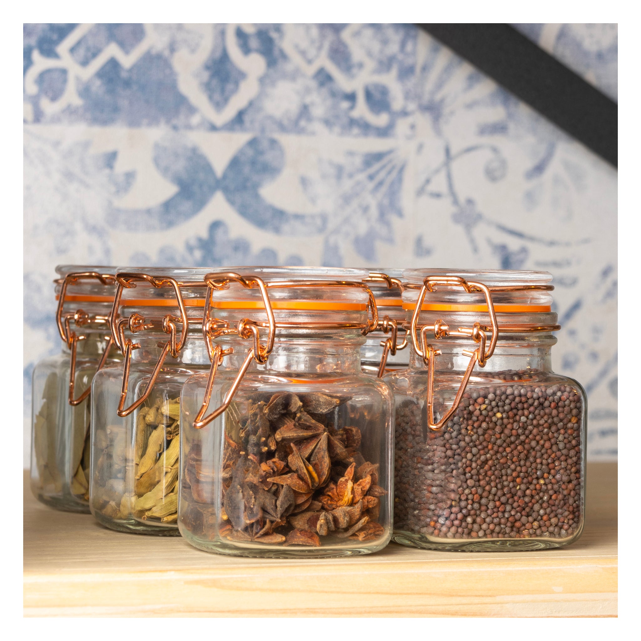 REGENT SQUARE HERMETIC GLASS JARS WITH ROSE GOLD CLIPS 6PK, 100ML