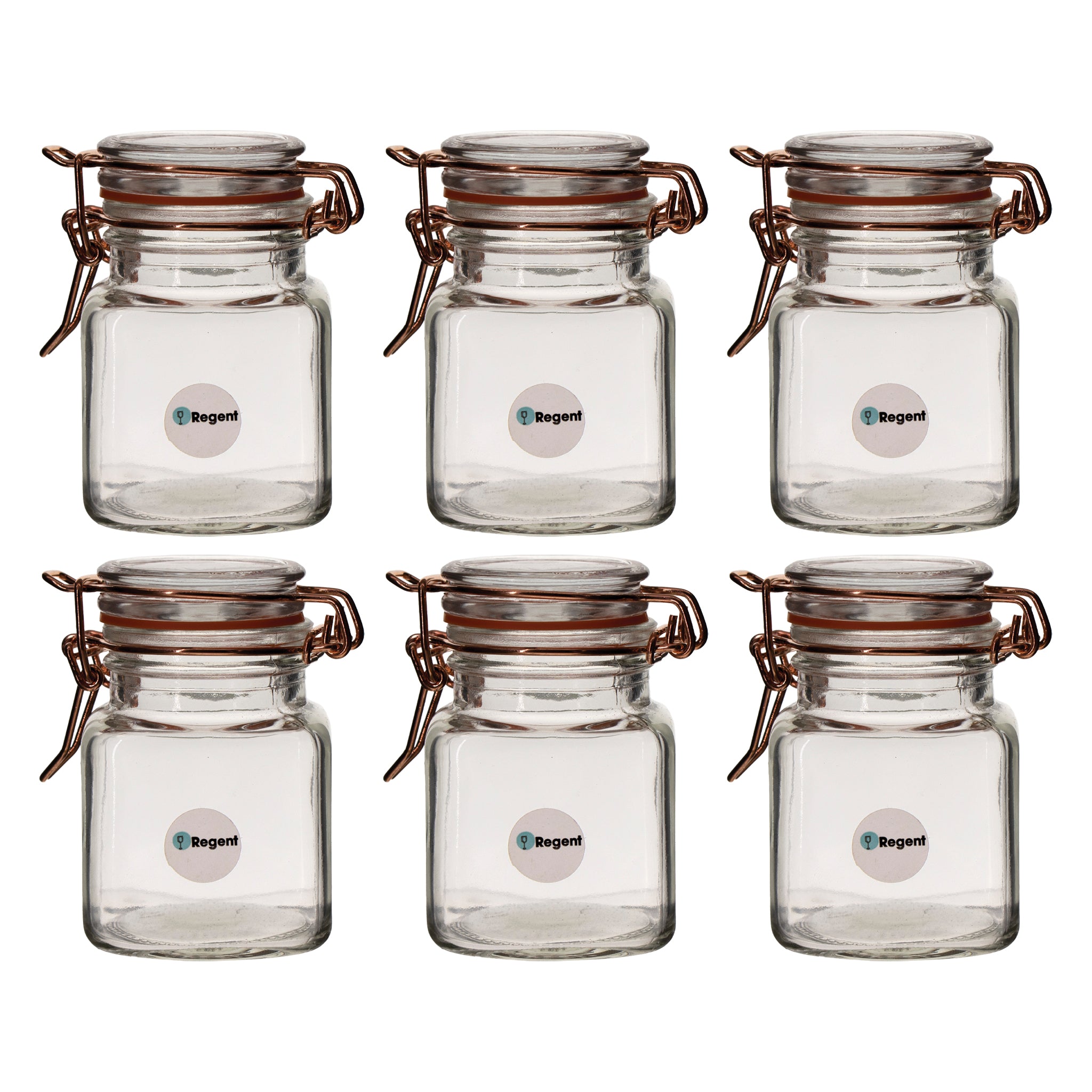 REGENT SQUARE HERMETIC GLASS JARS WITH ROSE GOLD CLIPS 6PK, 100ML