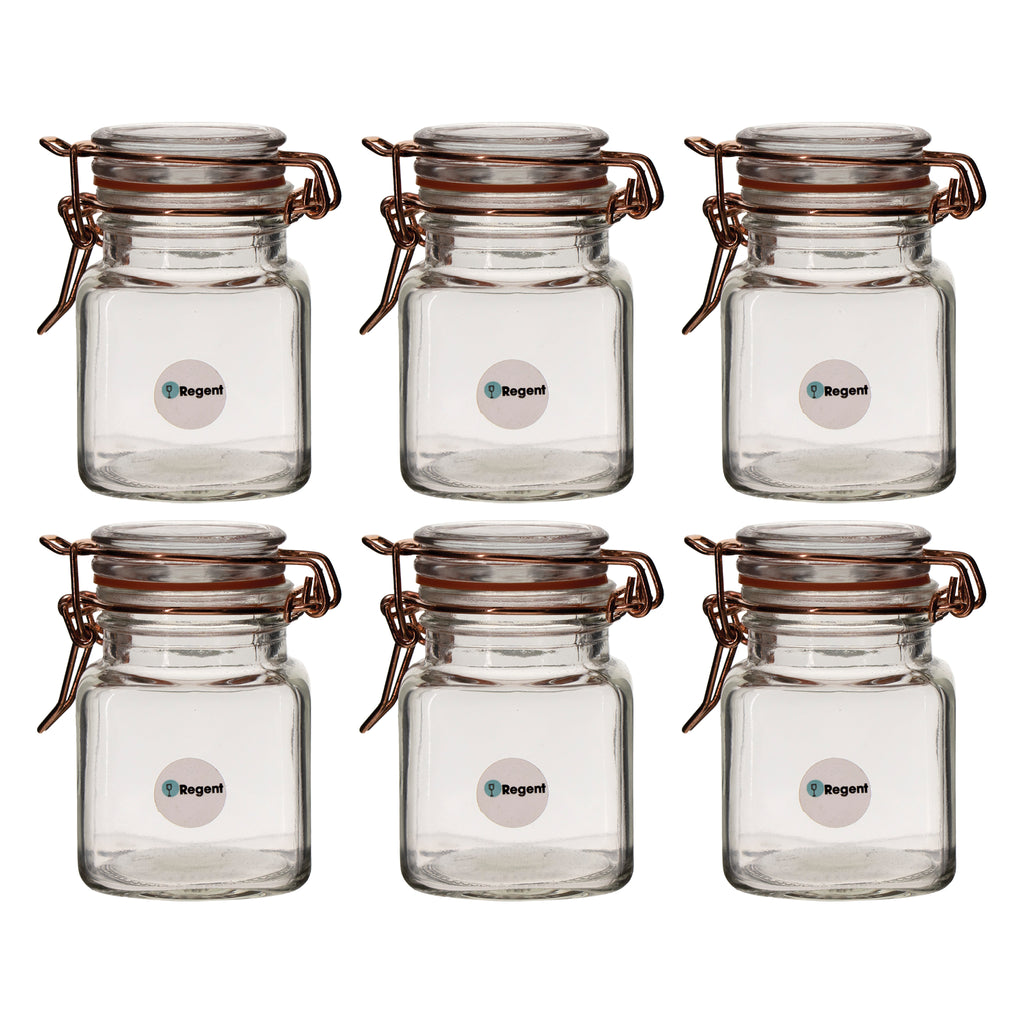 REGENT GLASS SQUARE HERMETIC JARS WITH ROSE GOLD CLIP 6 PACK, 100ML