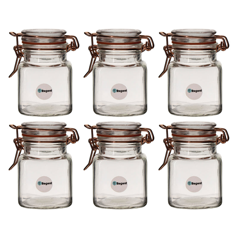 REGENT GLASS SQUARE HERMETIC JARS WITH ROSE GOLD CLIP 6 PACK, 100ML (80X50X50MM)