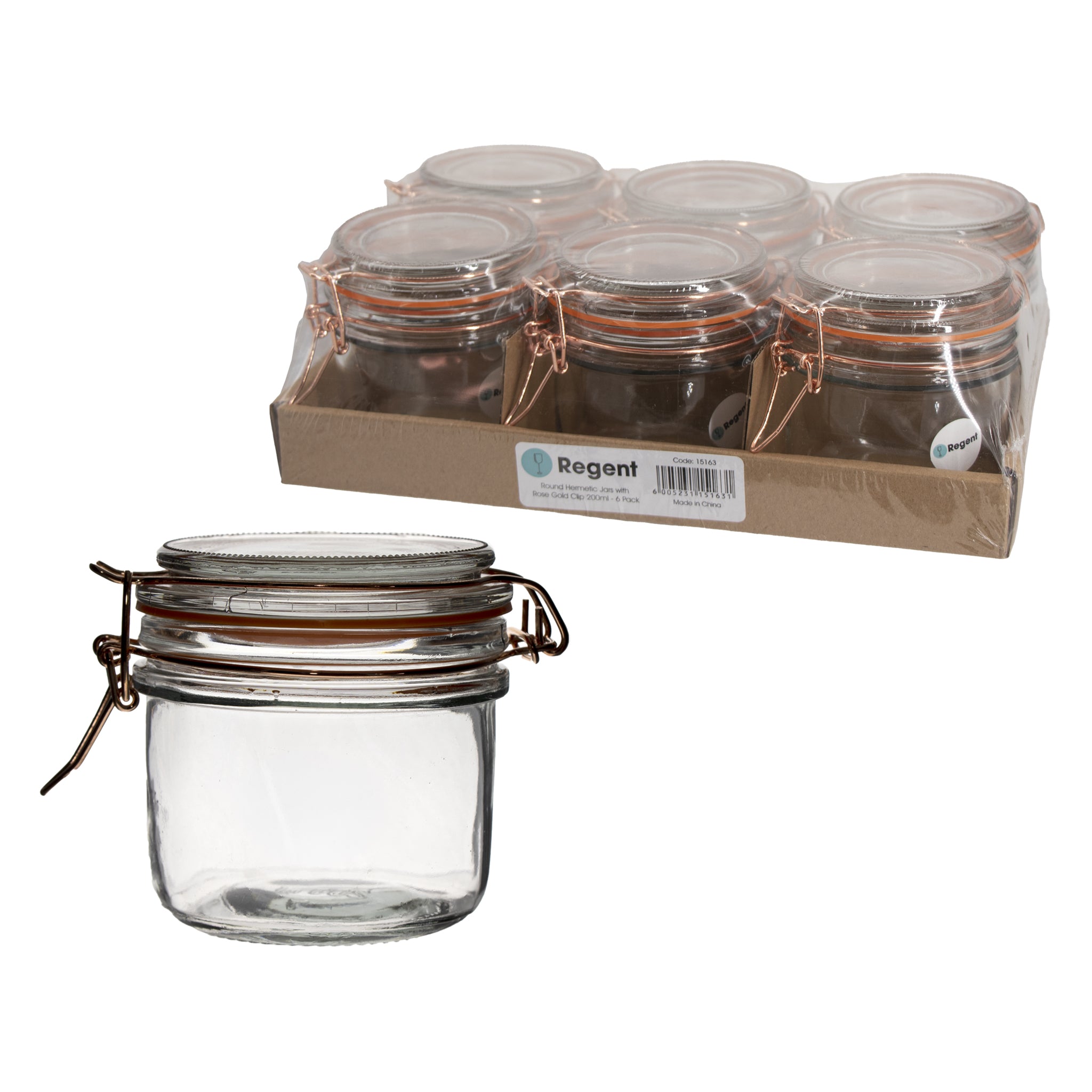 REGENT ROUND HERMETIC GLASS JARS WITH ROSE GOLD CLIP SEAL 6PK, 200ML