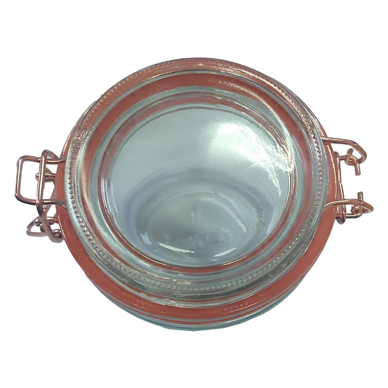 REGENT GLASS ROUND HERMETIC JARS WITH ROSE GOLD CLIP 6 PACK, 200ML (80MM DIAX85MM)