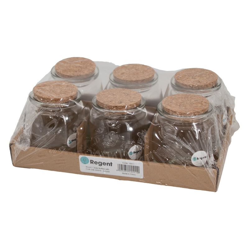 REGENT GLASS ROUND BOTTLES WITH CORK LIDS 6 PACK, 260ML (80MM DIAX94MM)