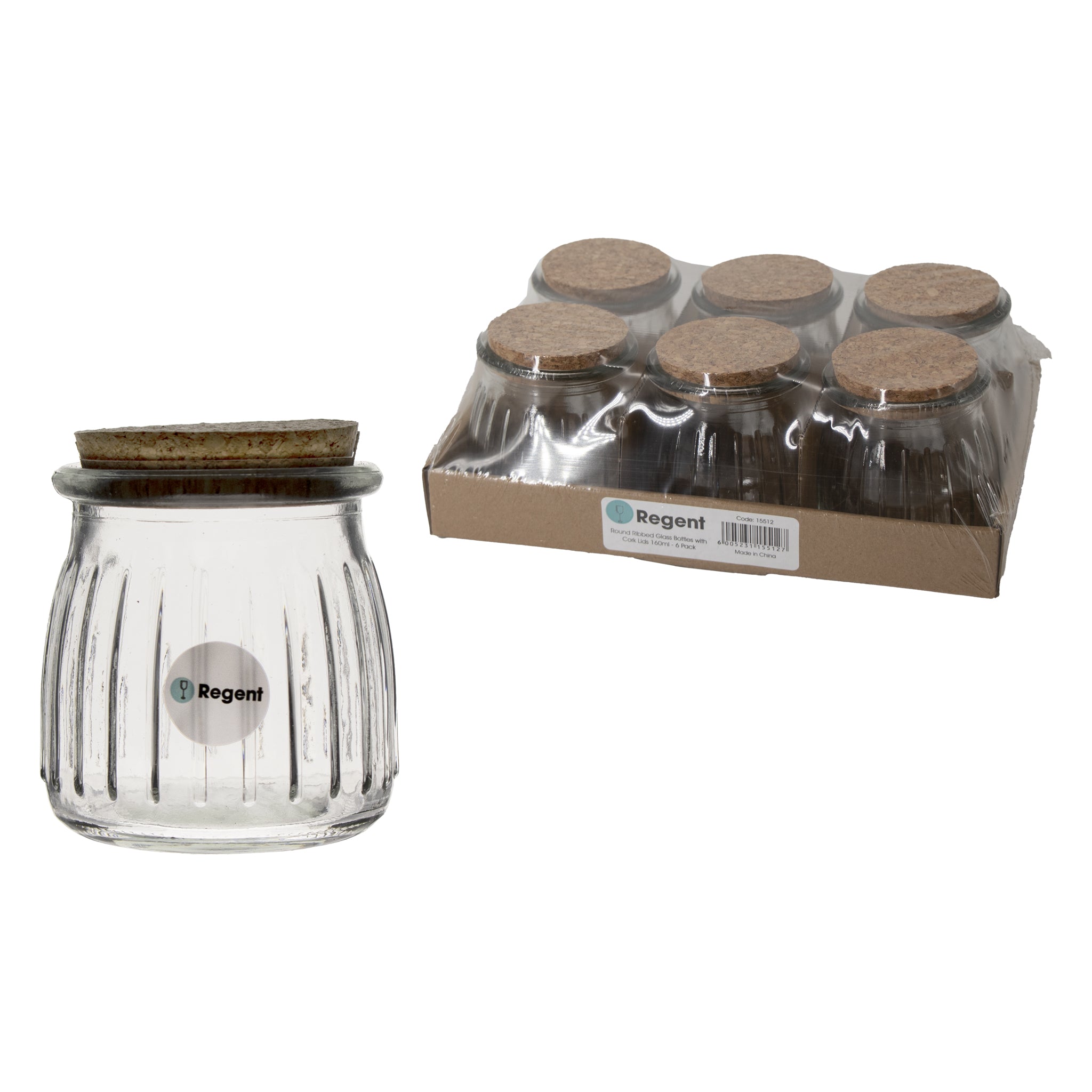 REGENT GLASS ROUND RIBBED JARS WITH CORK LIDS 6PK, 160ML