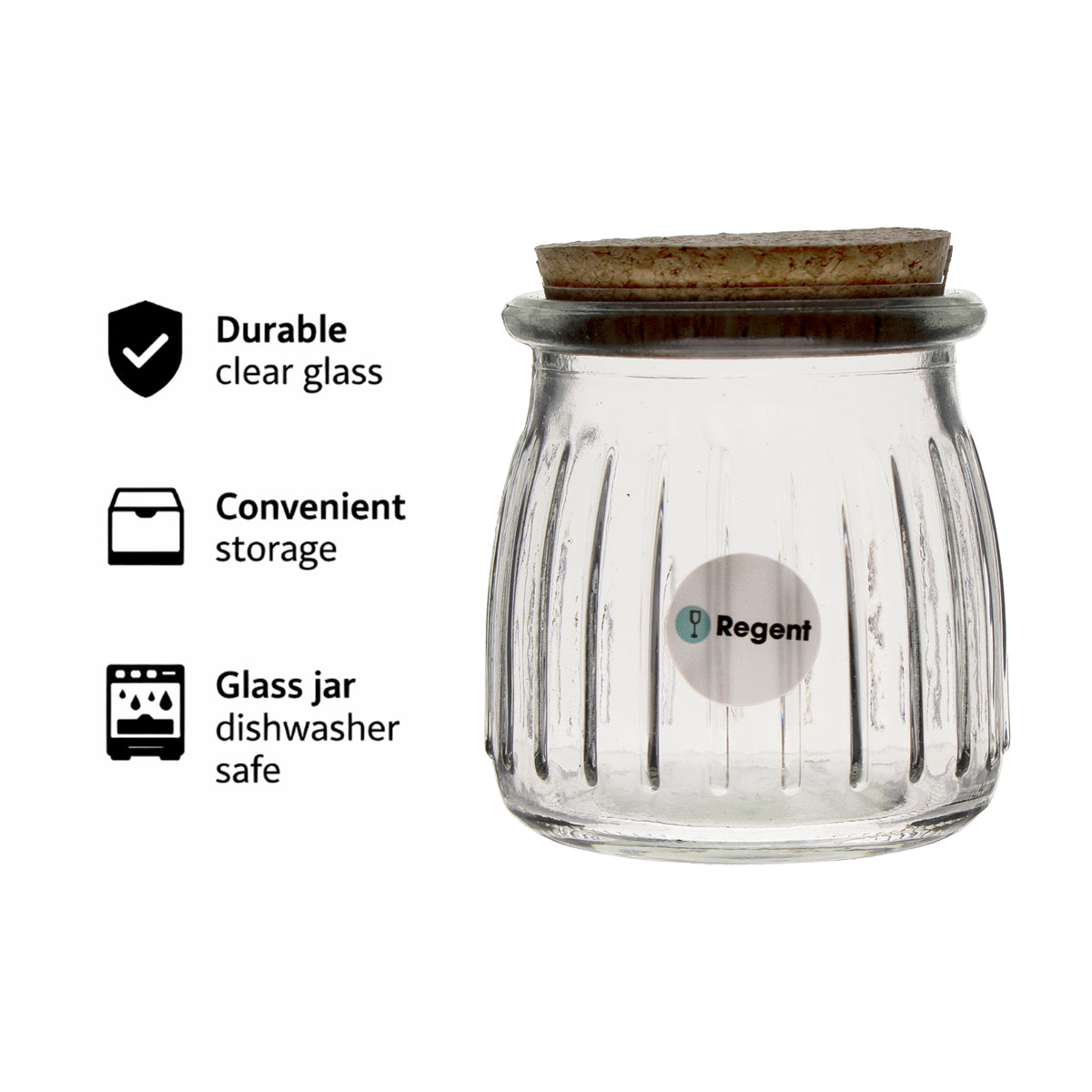 REGENT GLASS ROUND RIBBED JARS WITH CORK LIDS 6PK, 160ML