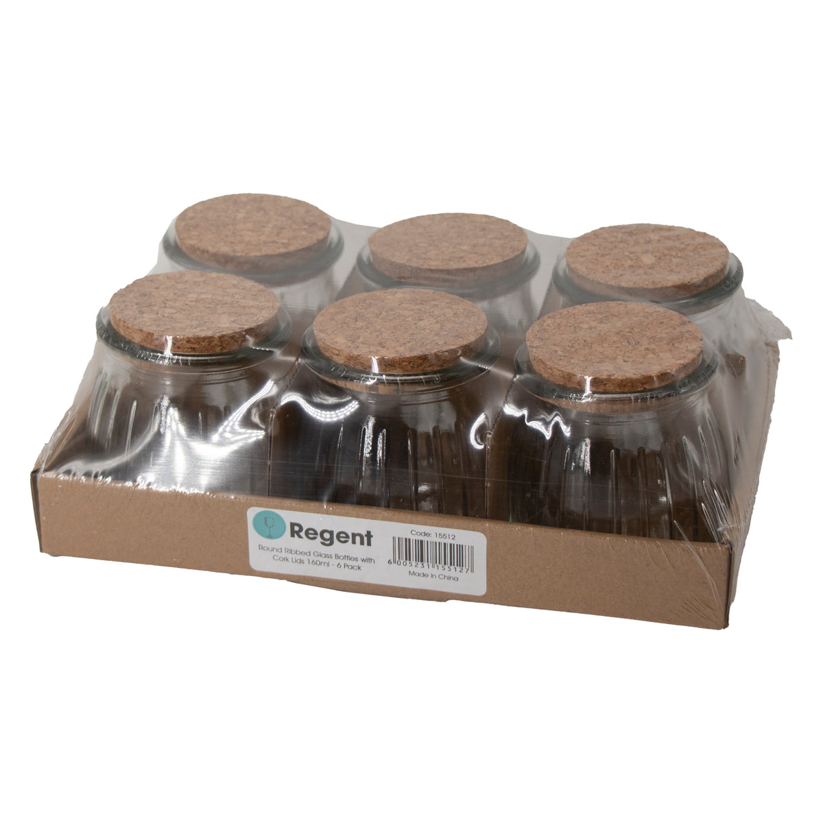 REGENT GLASS ROUND RIBBED JARS WITH CORK LIDS 6PK, 160ML