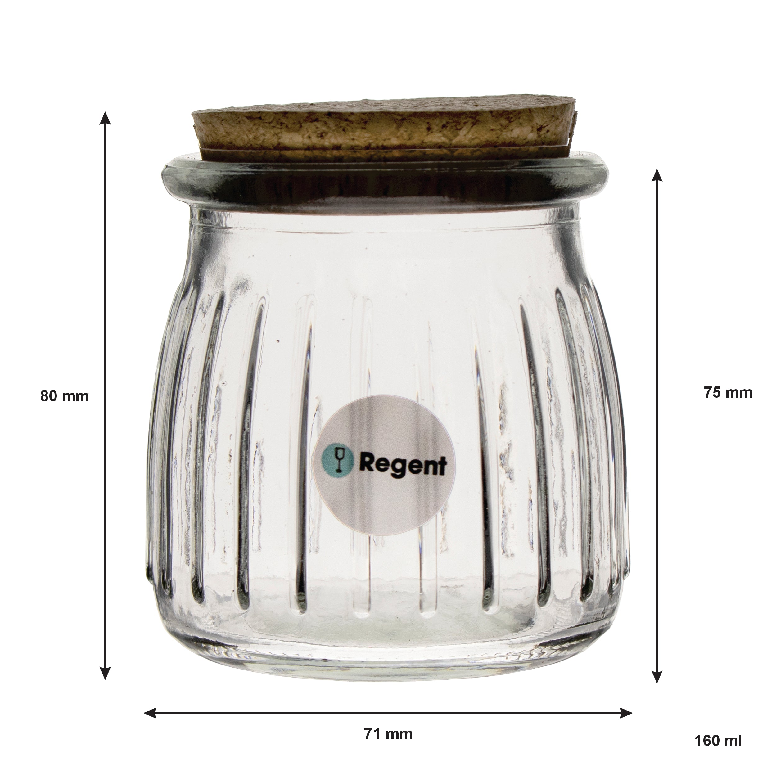REGENT GLASS ROUND RIBBED JARS WITH CORK LIDS 6PK, 160ML