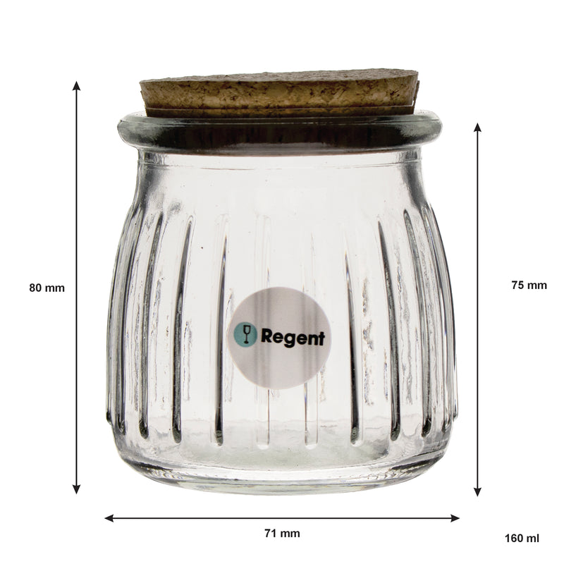 REGENT GLASS ROUND RIBBED JARS WITH CORK LIDS 6 PACK, 160ML (71MM DIAX80MM)