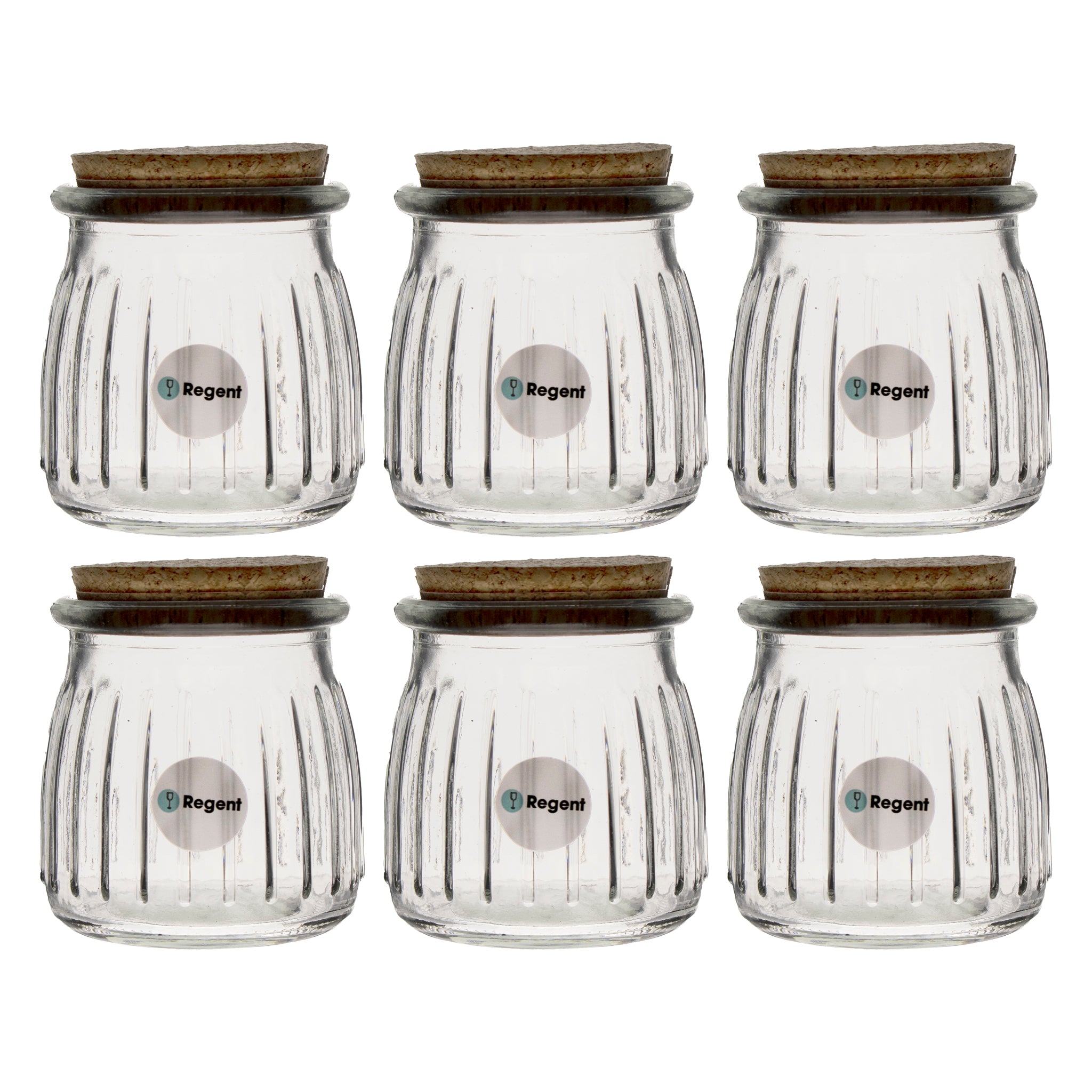 REGENT GLASS ROUND RIBBED JARS WITH CORK LIDS 6PK, 160ML